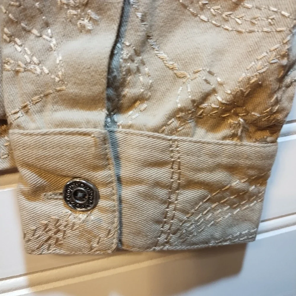 Studio Works Tan Cotton Embroidered Leaf Trucker‎ Jacket Beige Womens 8 Cottage